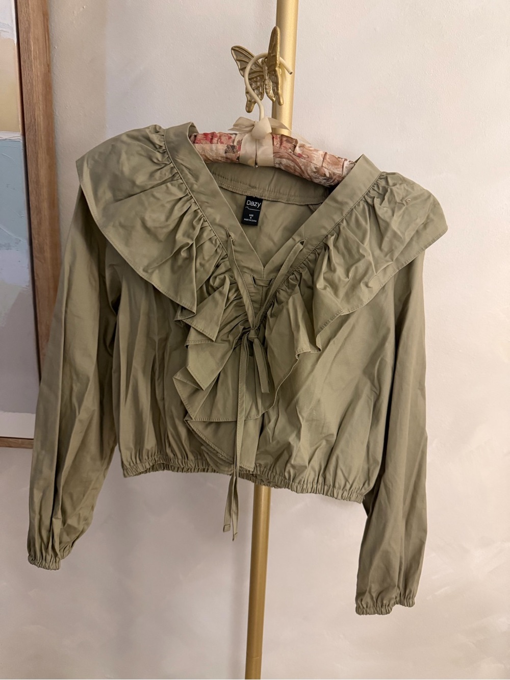 Day Ruffle-Front Olive Tie-Neck Blouse
